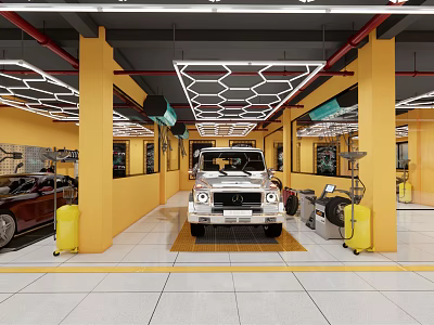 Professional 4S Auto Dealership Interior Featuring White Car Service Equipment Yellow Pillars And Modern Lighting 3d model