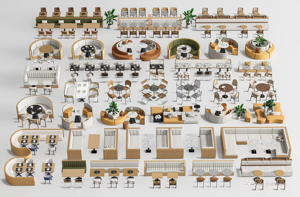 Modern Banquette Sofa Designs With Various Shapes And Dining Tables And Plants 3d model 