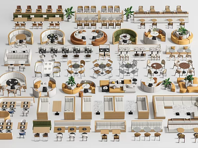 Modern Banquette Sofa Designs With Various Shapes And Dining Tables And Plants 3d model