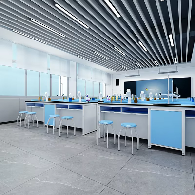 School Science Laboratory With Lab Benches Stools Blackboard And Chemical Equipment 3d model