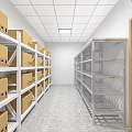 Industrial Warehouse Interior with Metal Racks Cardboard Boxes Aisle and Ceiling Lights