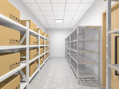 Industrial Warehouse Interior with Metal Racks Cardboard Boxes Aisle and Ceiling Lights 3d model