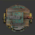 Turquoise Mechanical 3D Structure With Red Pipe Yellow Circular Elements And Sign