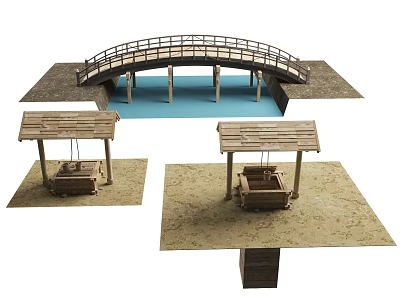 Traditional Wooden Bridge with Railings and Water Wells in Scenic Landscape Setting 3d model