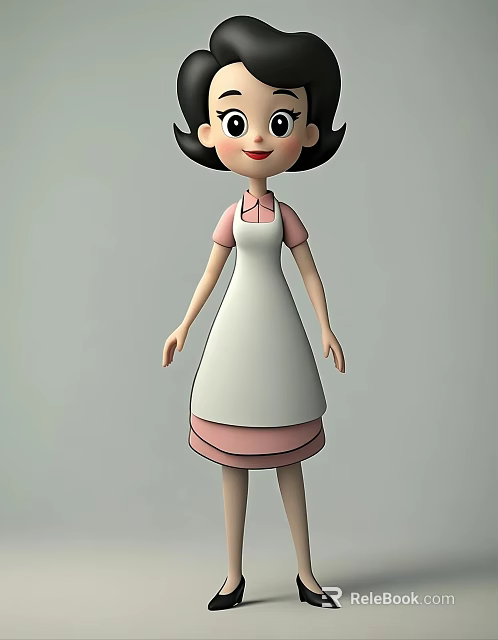 Cartoon Woman Wearing White Apron With Pink Trim Standing In Casual Pose 3d model 