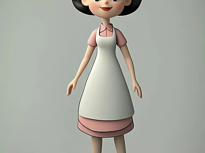 Cartoon Woman Wearing White Apron With Pink Trim Standing In Casual Pose 3d model