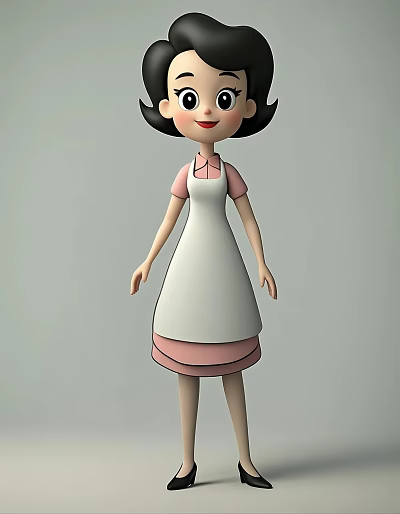Cartoon Woman Wearing White Apron With Pink Trim Standing In Casual Pose 3d model