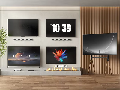 Modern Living Room With Mounted And Stand TVs And Fireplace 3d model
