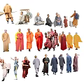 Group of Monks in Various Poses with Different Colored Traditional Robes