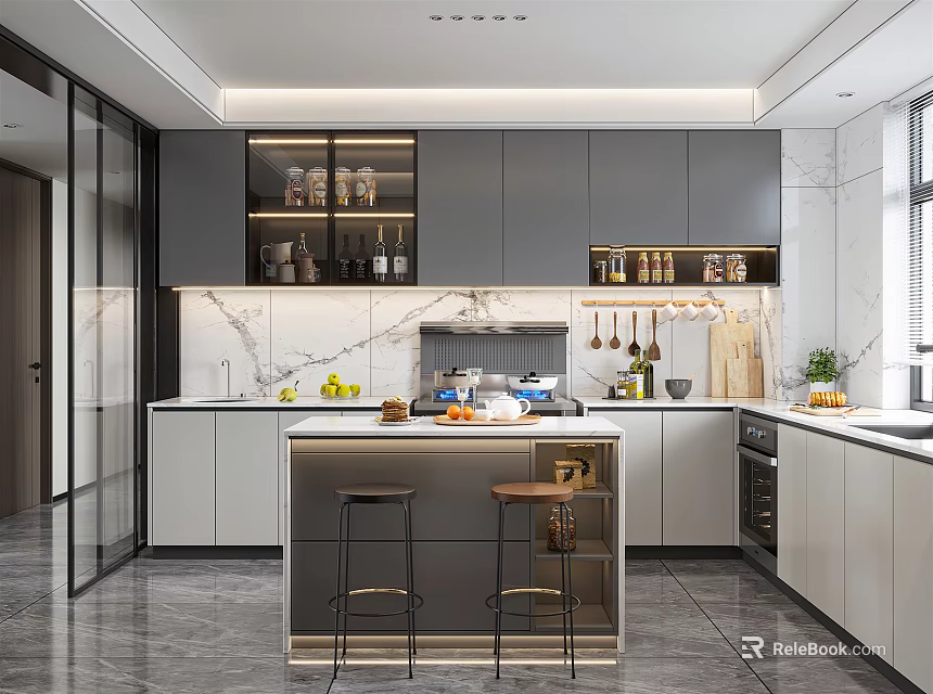 Modern Kitchen Interior Design With Open Layout Island Counter Marble Surfaces And Cabinets 3d model 