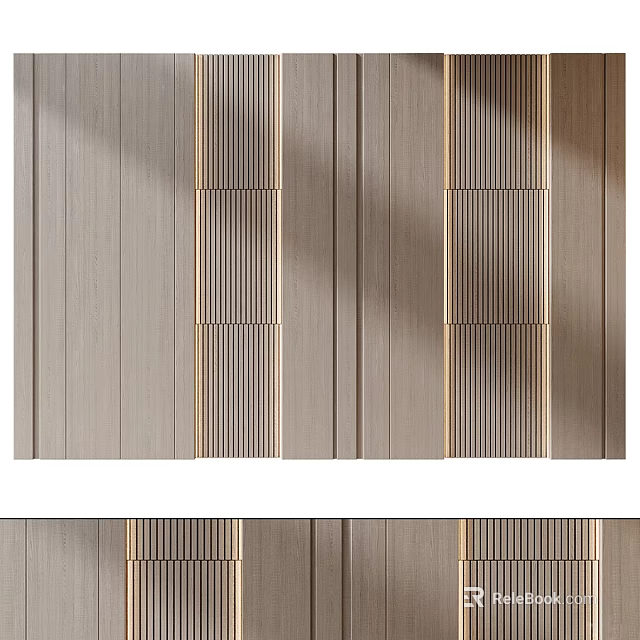 Modern Wooden Background Wall With Vertical Stripes And Gold Accents Design 3d model 