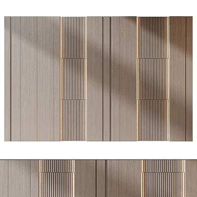 Modern Wooden Background Wall With Vertical Stripes And Gold Accents Design 3d model