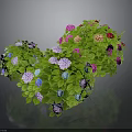 Heart shaped green plant with vibrant colorful flowers purple pink blue yellow and green leaves