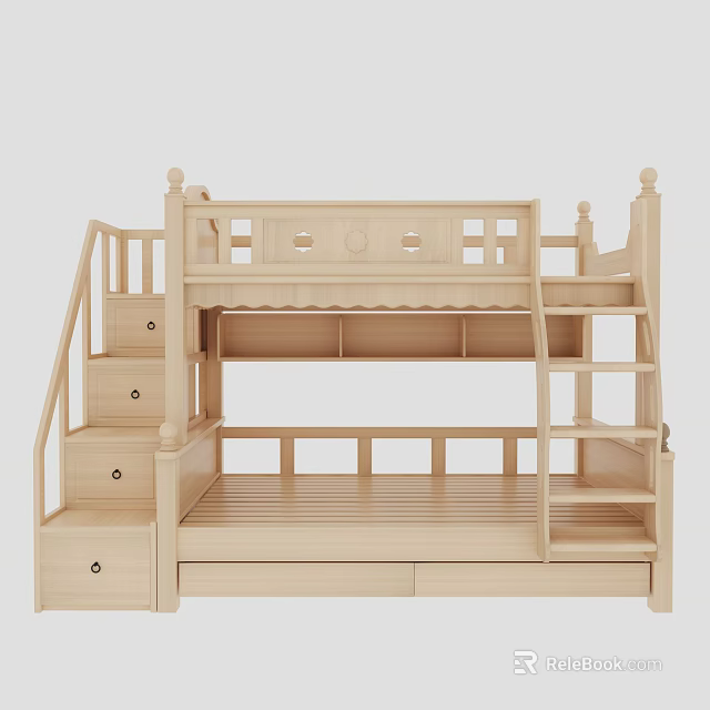 Wooden Bunk Bed With Ladder Drawers And Upper Lower Bed Frames Design 3d model