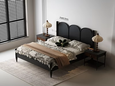 Elegant Black Double Bed with Curved Headboard Floral Bedding and Table Lamps in White Room 3d model