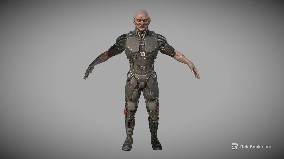 Bald Headed Game Movie Character With Red Eyes And Armored Mechanical Suit 3d model 