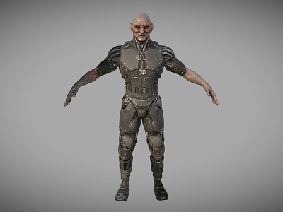 Bald Headed Game Movie Character With Red Eyes And Armored Mechanical Suit 3d model