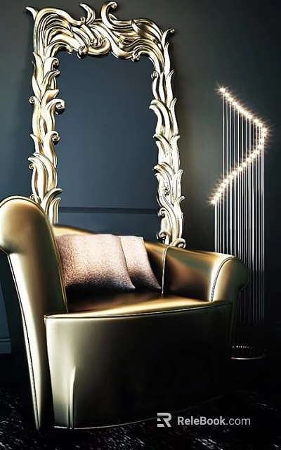 Golden Leather Single Sofa With Textured Cushions And Decorative Mirrors On Dark Wall 3d model 