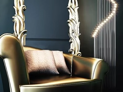 Golden Leather Single Sofa With Textured Cushions And Decorative Mirrors On Dark Wall 3d model