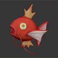 Red Fish Doll With Yellow Crown White Eyes Open Mouth And Red White Fins