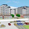 Multi Story Apartment Building With Balconies Ground Floor Shops Person Walking And Palm Tree
