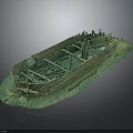 Ancient Shipwreck Model With Clear Hull Structure Green Base And Rusted Texture