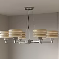 Modern Chandelier With Double Row Of Ivory Glass Shades And Silver Frame