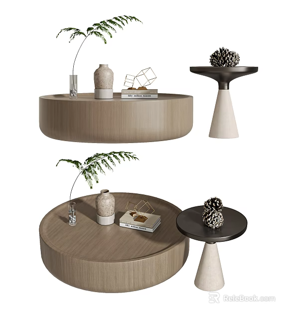 Modern Wooden Round Side Tables With Vase Books Fern Plant And Pine Cone Decor 3d model 