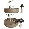 Modern Wooden Round Side Tables With Vase Books Fern Plant And Pine Cone Decor