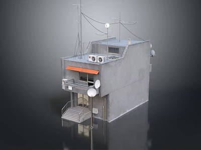 Multi Story Residential Building With Gray Exterior Steps Orange Awning Air Conditioners And Satellite Dishes 3d model