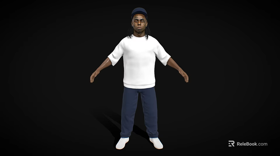 Man In White Long Sleeve T-shirt Blue Pants White Shoes And Cap On Black Background 3d model 