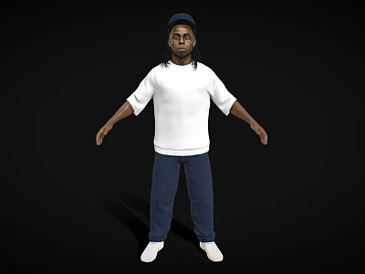 Man In White Long Sleeve T-shirt Blue Pants White Shoes And Cap On Black Background 3d model