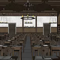 School Library Interior With Arched Windows Bookshelves Chandeliers And Wooden Tables