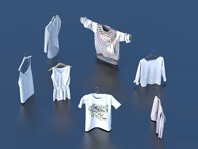 White Clothes With Different Styles Hanging On Hangers Including Shirts Dresses T Shirts And Sweaters 3d model