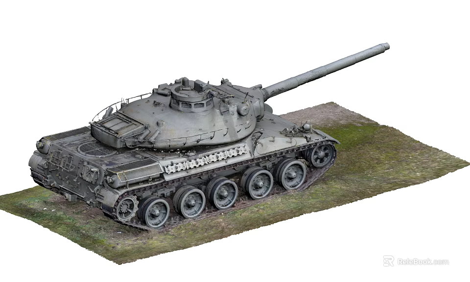 Gray Military Tank Model With Long Gun Barrel And Metal Tracks On Grass Terrain 3d model 