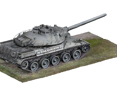Gray Military Tank Model With Long Gun Barrel And Metal Tracks On Grass Terrain 3d model