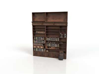 Vintage Wooden Bookcase With Multiple Shelves Books Small Decorative Items And Drawers 3d model