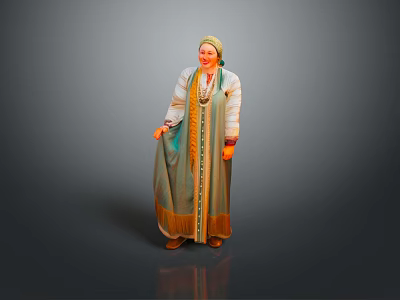 Woman In Traditional Long Dress With Headscarf Colorful Embroidery And Ornate Trim Standing 3d model