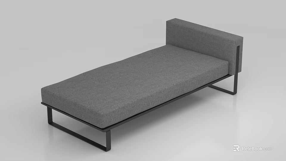 Modern Gray Upholstered Single Bed With Black Metal Frame And Headrest 3d model