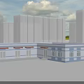Cartoon Scene With White Buildings Green Grass And Blue Sky Clouds