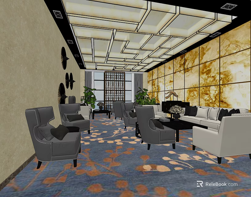 Elegant Leisure Area Interior With Gray Armchairs White Sofa Patterned Carpet And Ceiling Design 3d model 