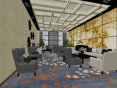 Elegant Leisure Area Interior With Gray Armchairs White Sofa Patterned Carpet And Ceiling Design 3d model