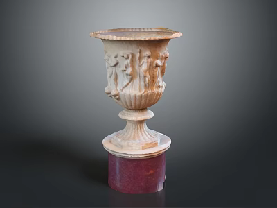 Intricately Carved Vase Shaped Sculpture Featuring Relief Figures On Red Base 3d model