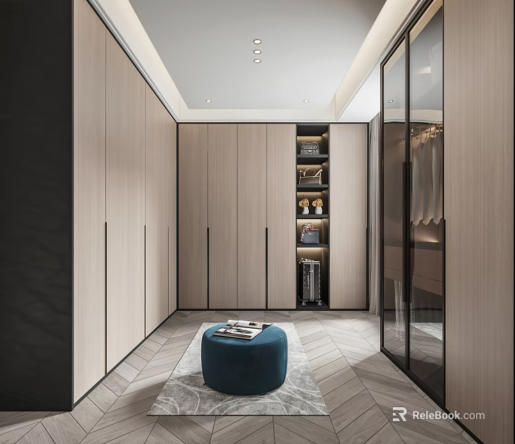 Modern Walk-in Closet Interior with Wooden Cabinets Glass Doors Blue Stool and Patterned Rug 3d model 
