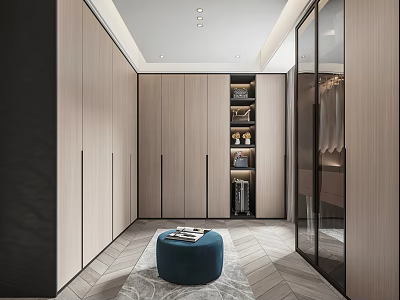 Modern Walk-in Closet Interior with Wooden Cabinets Glass Doors Blue Stool and Patterned Rug 3d model
