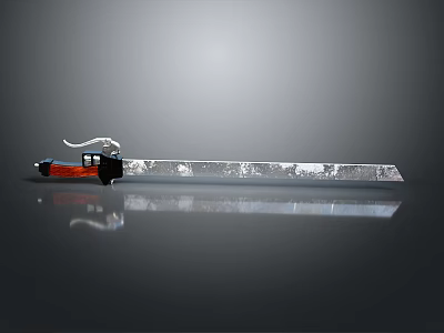 Long Sword With Red Black Handle And Patterned Blade On Gray Background With Reflection 3d model