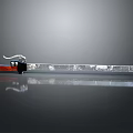 Long Sword With Red Black Handle And Patterned Blade On Gray Background With Reflection