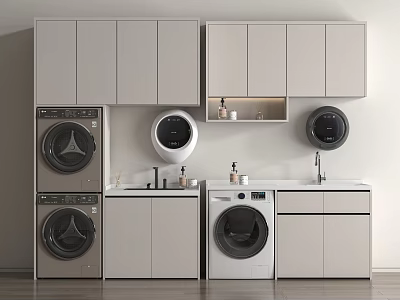 Modern Laundry Interior Design With Multiple Washing Machines Cabinets And Countertops 3d model