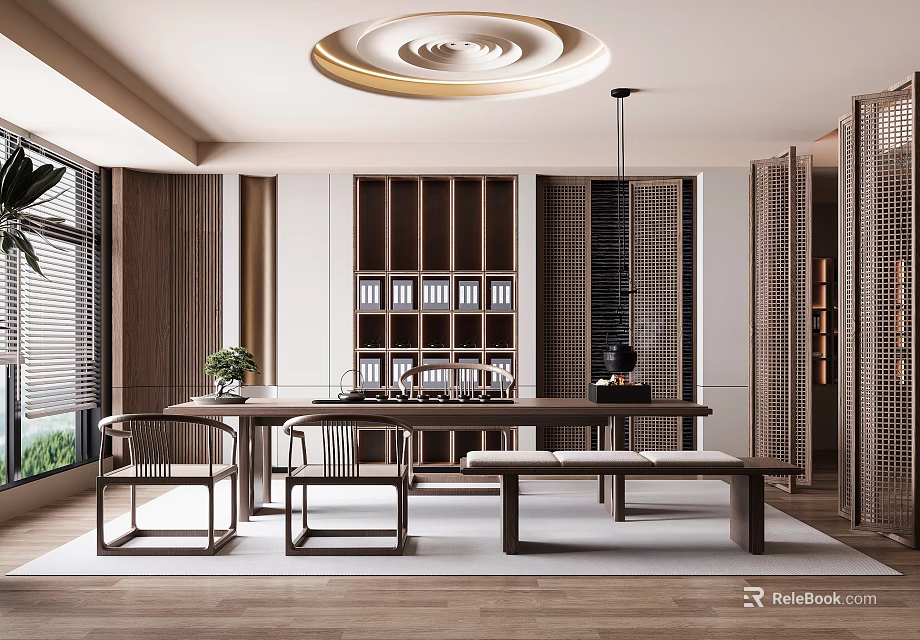 Serene Tea Room Interior With Wooden Furniture Tea Sets Screens And Soft Lighting 3d model 