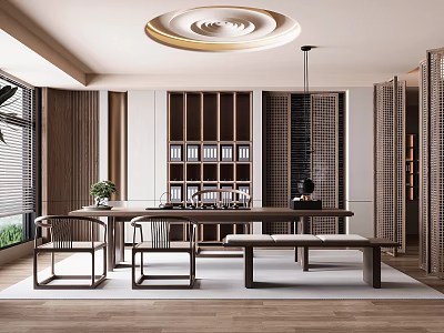 Serene Tea Room Interior With Wooden Furniture Tea Sets Screens And Soft Lighting 3d model